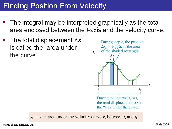 Finding Position From Velocity § The integral may be interpreted graphically as the total