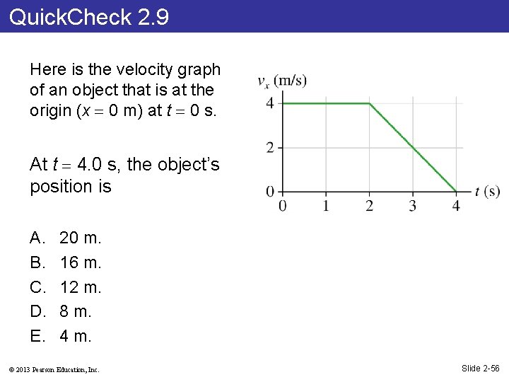 Quick. Check 2. 9 Here is the velocity graph of an object that is