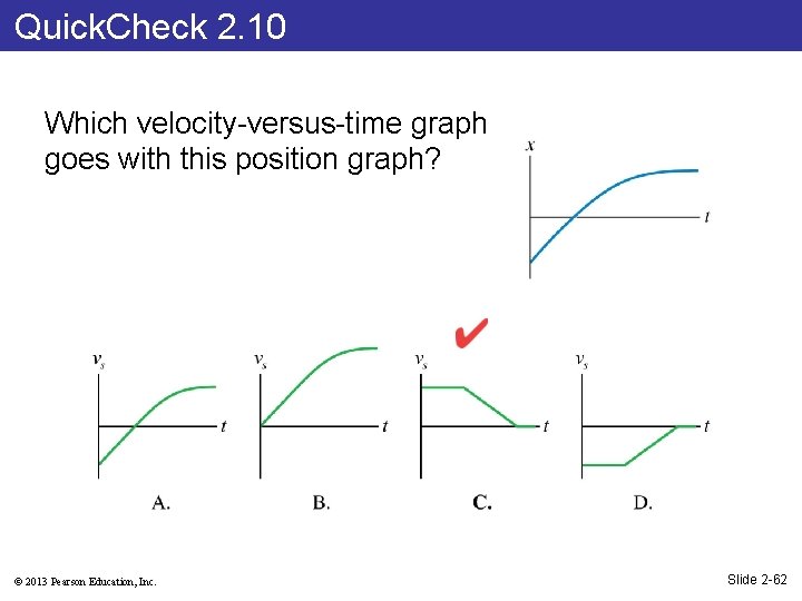 Quick. Check 2. 10 Which velocity-versus-time graph goes with this position graph? © 2013