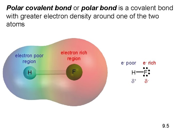 Polar covalent bond or polar bond is a covalent bond with greater electron density