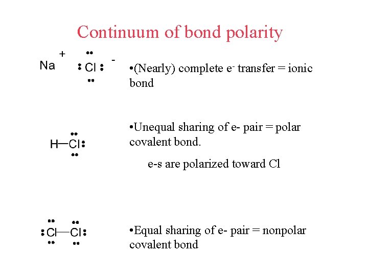 Continuum of bond polarity • (Nearly) complete e- transfer = ionic bond • Unequal