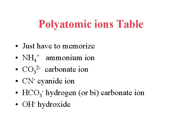 Polyatomic ions Table • • • Just have to memorize NH 4+ ammonium ion