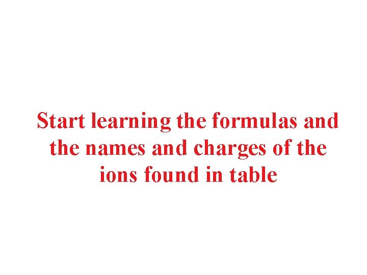 Start learning the formulas and the names and charges of the ions found in