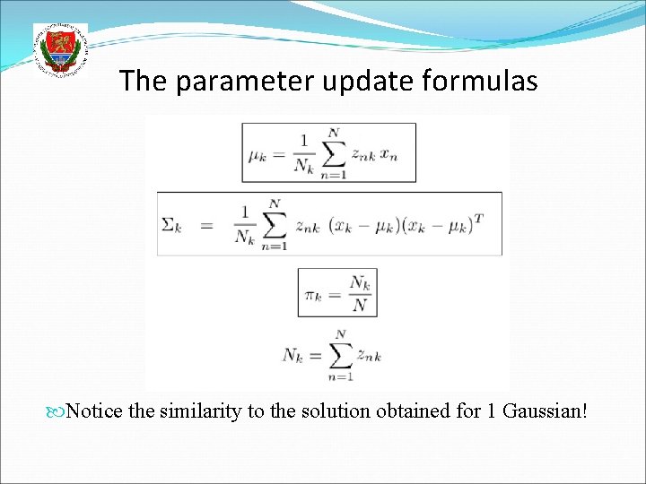 The parameter update formulas Notice the similarity to the solution obtained for 1 Gaussian!
