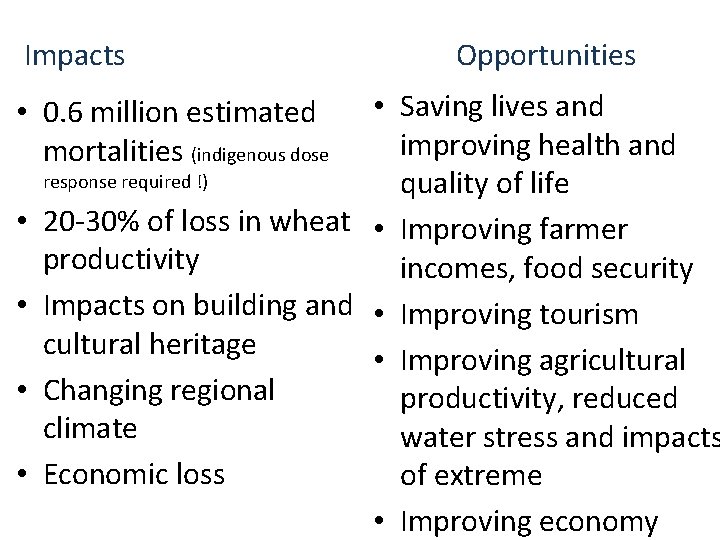 Impacts Opportunities • Saving lives and improving health and response required !) quality of Impacts Opportunities • Saving lives and improving health and response required !) quality of