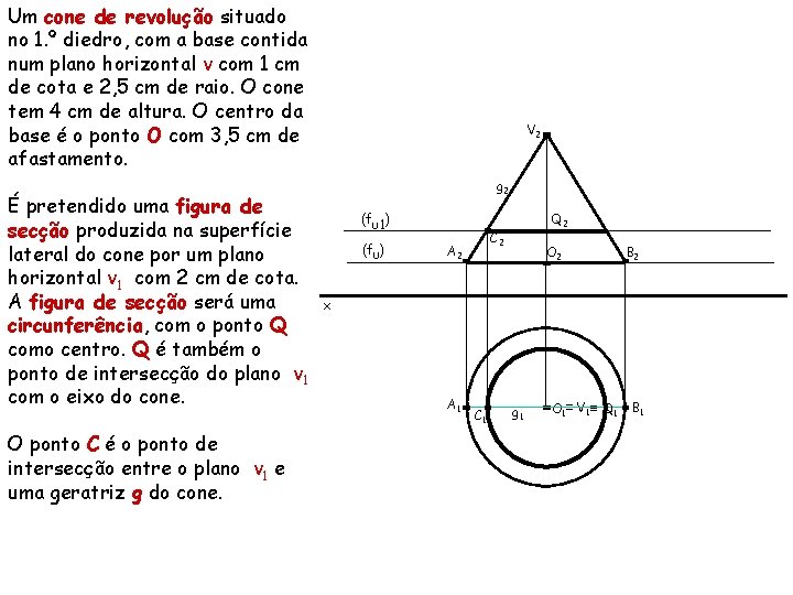 Um cone de revolução situado no 1. º diedro, com a base contida num