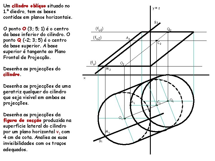 Um cilindro oblíquo situado no 1. º diedro, tem as bases contidas em planos