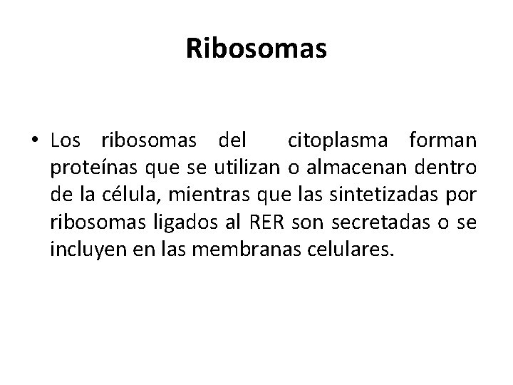 Ribosomas • Los ribosomas del citoplasma forman proteínas que se utilizan o almacenan dentro