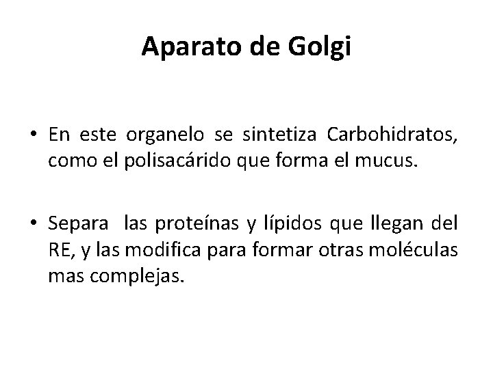 Aparato de Golgi • En este organelo se sintetiza Carbohidratos, como el polisacárido que