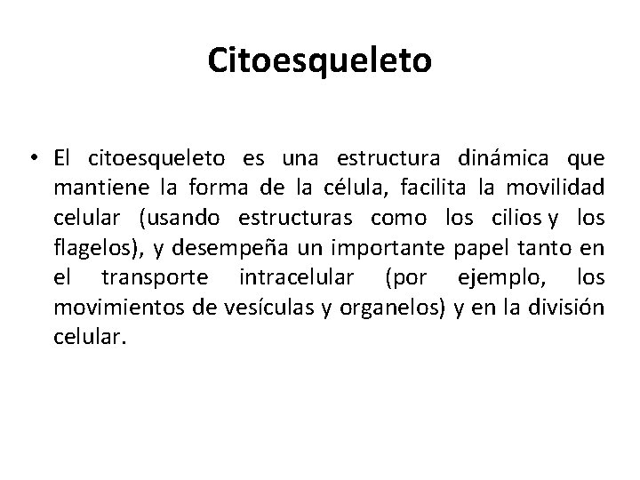 Citoesqueleto • El citoesqueleto es una estructura dinámica que mantiene la forma de la