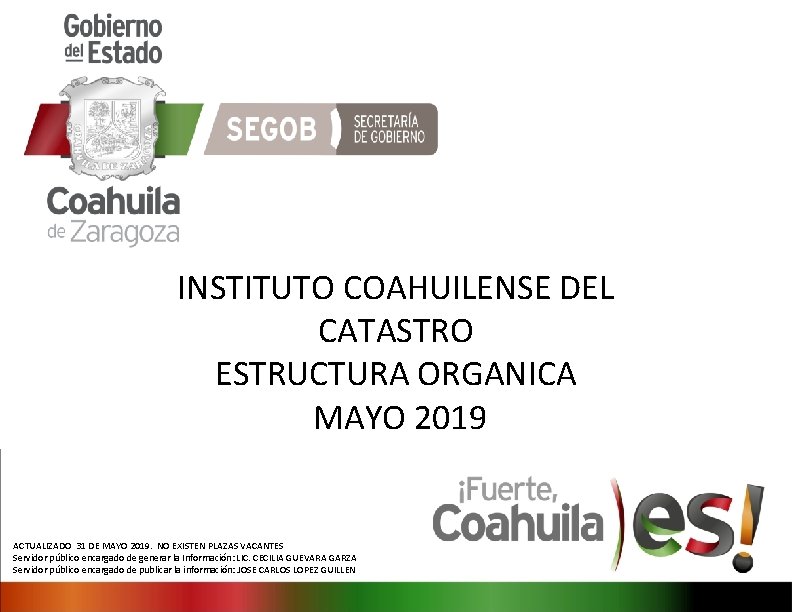 INSTITUTO COAHUILENSE DEL CATASTRO ESTRUCTURA ORGANICA MAYO 2019 ACTUALIZADO 31 DE MAYO 2019. NO