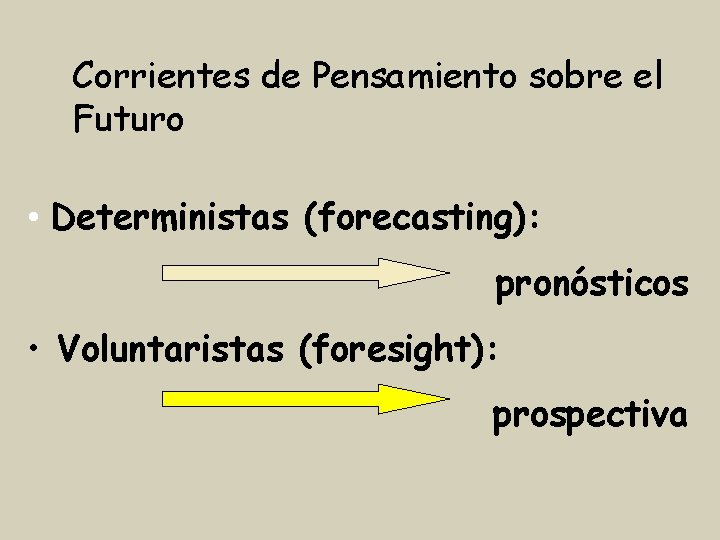 Corrientes de Pensamiento sobre el Futuro • Deterministas (forecasting): pronósticos • Voluntaristas (foresight): prospectiva