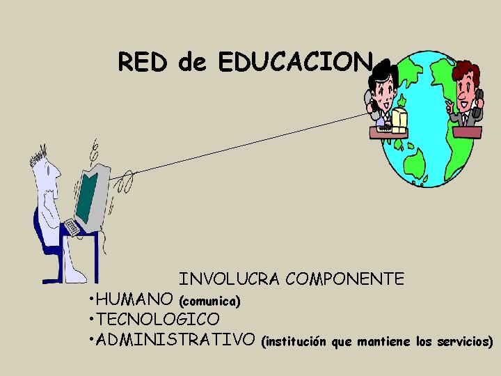 RED de EDUCACION INVOLUCRA COMPONENTE • HUMANO (comunica) • TECNOLOGICO • ADMINISTRATIVO (institución que