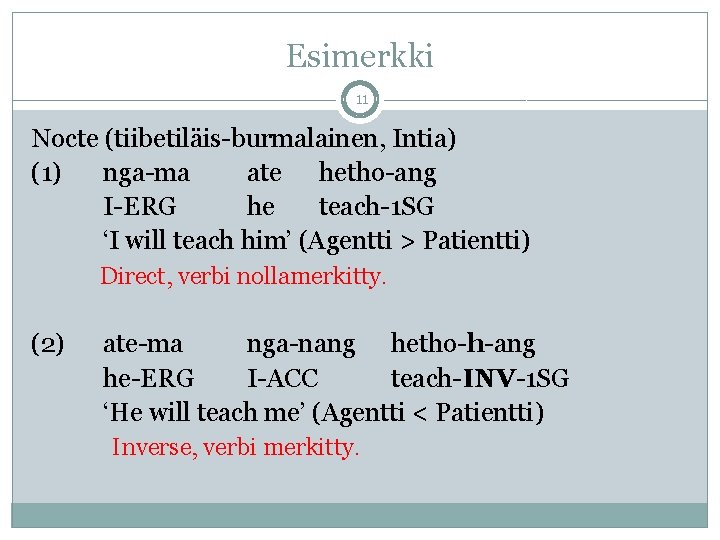 Esimerkki 11 Nocte (tiibetiläis-burmalainen, Intia) (1) nga-ma ate hetho-ang I-ERG he teach-1 SG ‘I Esimerkki 11 Nocte (tiibetiläis-burmalainen, Intia) (1) nga-ma ate hetho-ang I-ERG he teach-1 SG ‘I
