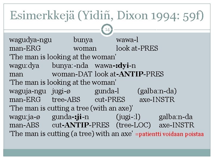 Esimerkkejä (Yidiñ, Dixon 1994: 59 f) 14 wagudya-ngu bunya wawa-l man-ERG woman look at-PRES Esimerkkejä (Yidiñ, Dixon 1994: 59 f) 14 wagudya-ngu bunya wawa-l man-ERG woman look at-PRES