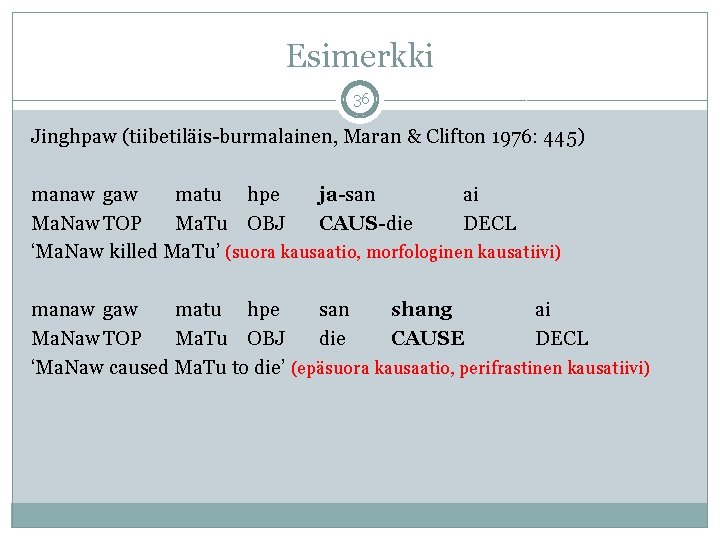 Esimerkki 36 Jinghpaw (tiibetiläis-burmalainen, Maran & Clifton 1976: 445) manaw gaw matu hpe ja-san Esimerkki 36 Jinghpaw (tiibetiläis-burmalainen, Maran & Clifton 1976: 445) manaw gaw matu hpe ja-san