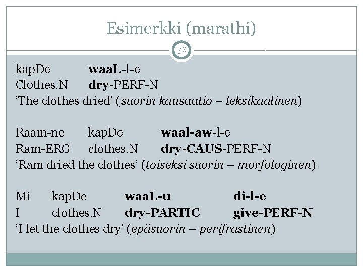 Esimerkki (marathi) 38 kap. De waa. L-l-e Clothes. N dry-PERF-N ’The clothes dried’ (suorin Esimerkki (marathi) 38 kap. De waa. L-l-e Clothes. N dry-PERF-N ’The clothes dried’ (suorin