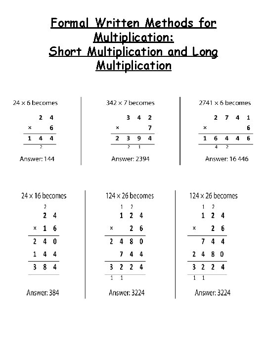 Formal Written Methods for Multiplication: Short Multiplication and Long Multiplication 