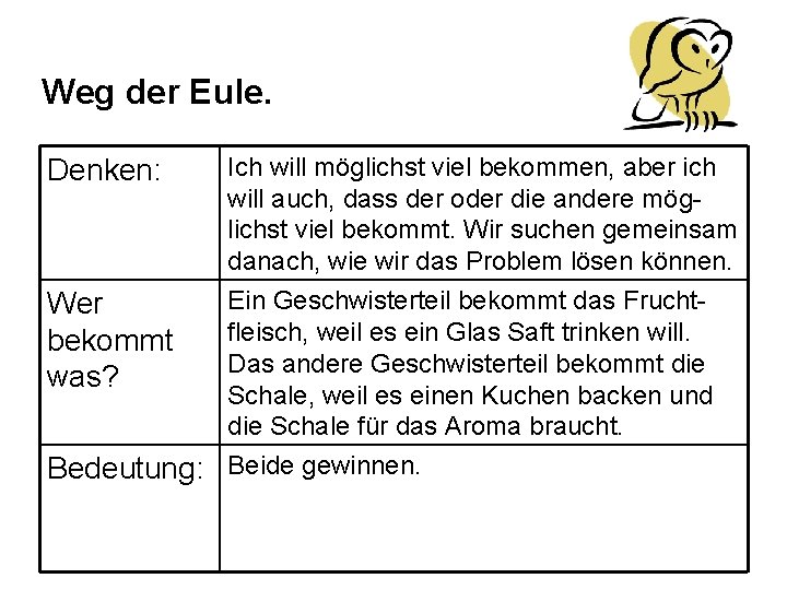 Weg der Eule. Denken: Wer bekommt was? Ich will möglichst viel bekommen, aber ich