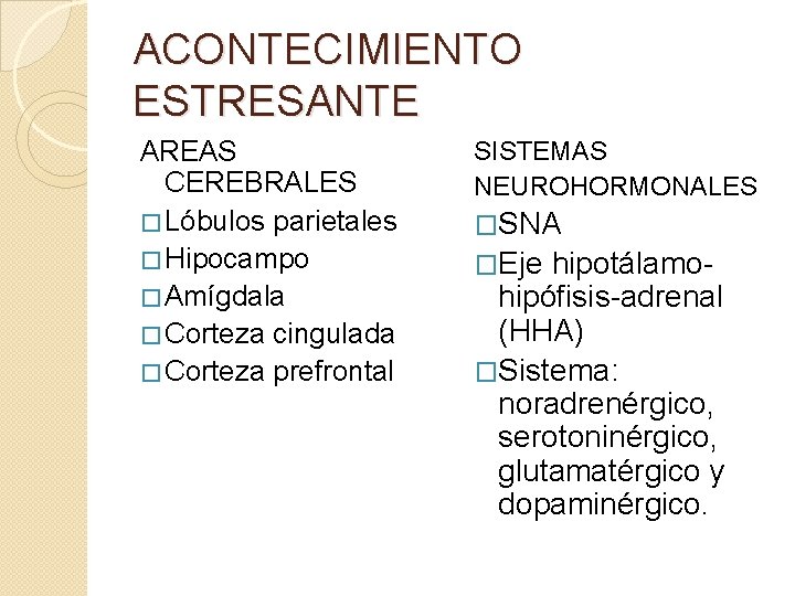 ACONTECIMIENTO ESTRESANTE AREAS CEREBRALES � Lóbulos parietales � Hipocampo � Amígdala � Corteza cingulada