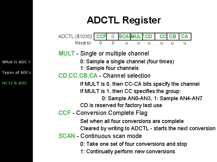 ADCTL Register ADCTL ($1030) CCF Reset to: 0 0 SCANMULT CD CC CB 0