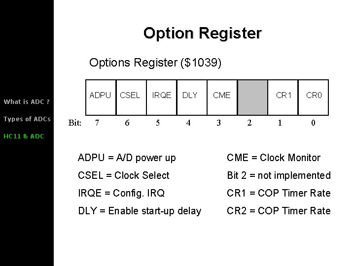 Option Register Options Register ($1039) ADPU What is ADC ? Types of ADCs Bit: