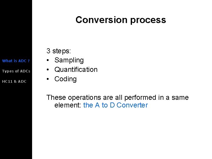 Conversion process What is ADC ? Types of ADCs HC 11 & ADC 3