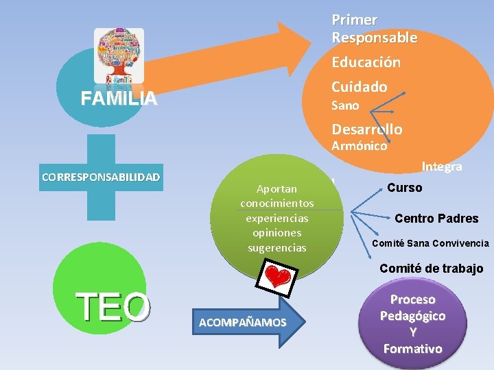 Primer Responsable Educación Cuidado FAMILIA Sano Desarrollo Armónico CORRESPONSABILIDAD Integra Aportan conocimientos experiencias opiniones