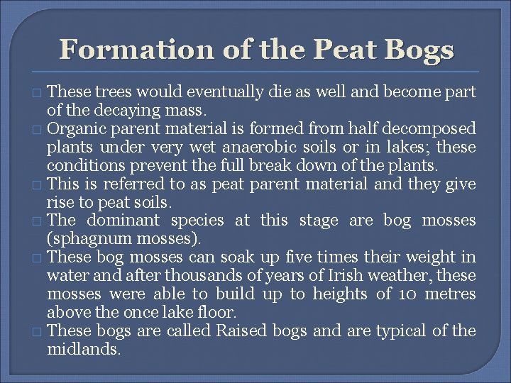 Formation of the Peat Bogs These trees would eventually die as well and become