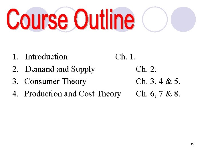 1. 2. 3. 4. Introduction Ch. 1. Demand Supply Ch. 2. Consumer Theory Ch.