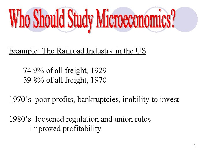 Example: The Railroad Industry in the US 74. 9% of all freight, 1929 39.