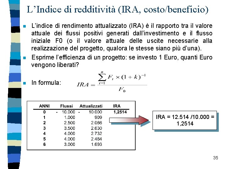 L’Indice di redditività (IRA, costo/beneficio) n n n L’indice di rendimento attualizzato (IRA) è