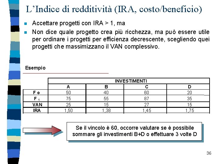 L’Indice di redditività (IRA, costo/beneficio) n n Accettare progetti con IRA > 1, ma
