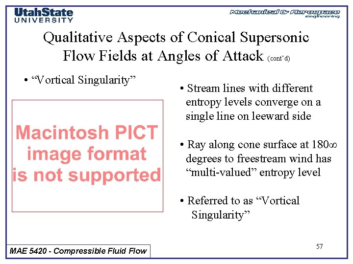 Qualitative Aspects of Conical Supersonic Flow Fields at Angles of Attack (cont’d) • “Vortical