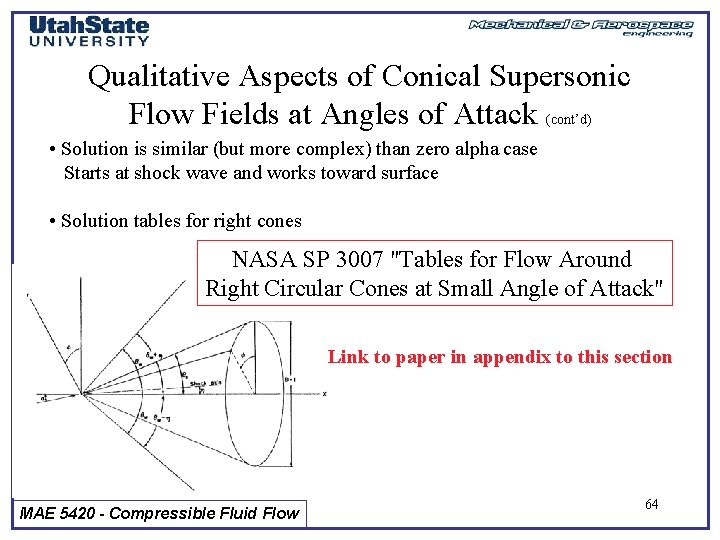 Qualitative Aspects of Conical Supersonic Flow Fields at Angles of Attack (cont’d) • Solution