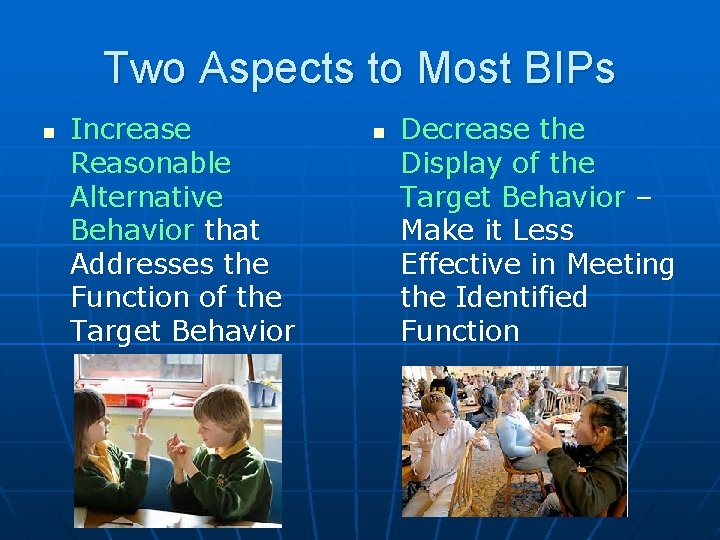 Two Aspects to Most BIPs n Increase Reasonable Alternative Behavior that Addresses the Function