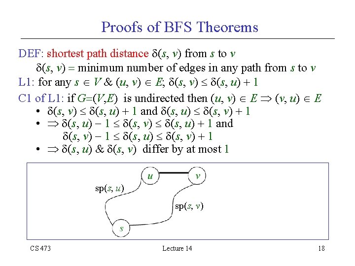 Proofs of BFS Theorems DEF: shortest path distance (s, v) from s to v