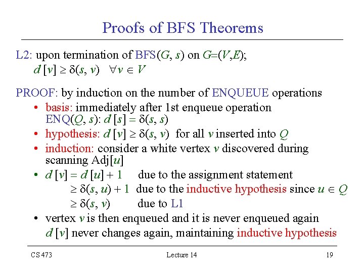 Proofs of BFS Theorems L 2: upon termination of BFS(G, s) on G (V,