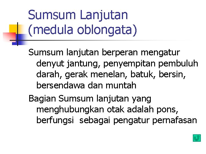 Sumsum Lanjutan (medula oblongata) Sumsum lanjutan berperan mengatur denyut jantung, penyempitan pembuluh darah, gerak