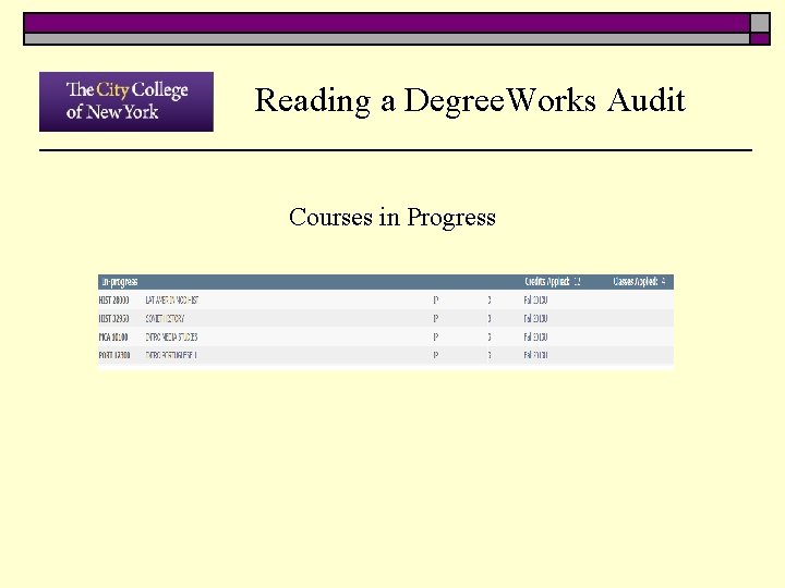 Reading a Degree. Works Audit Courses in Progress 