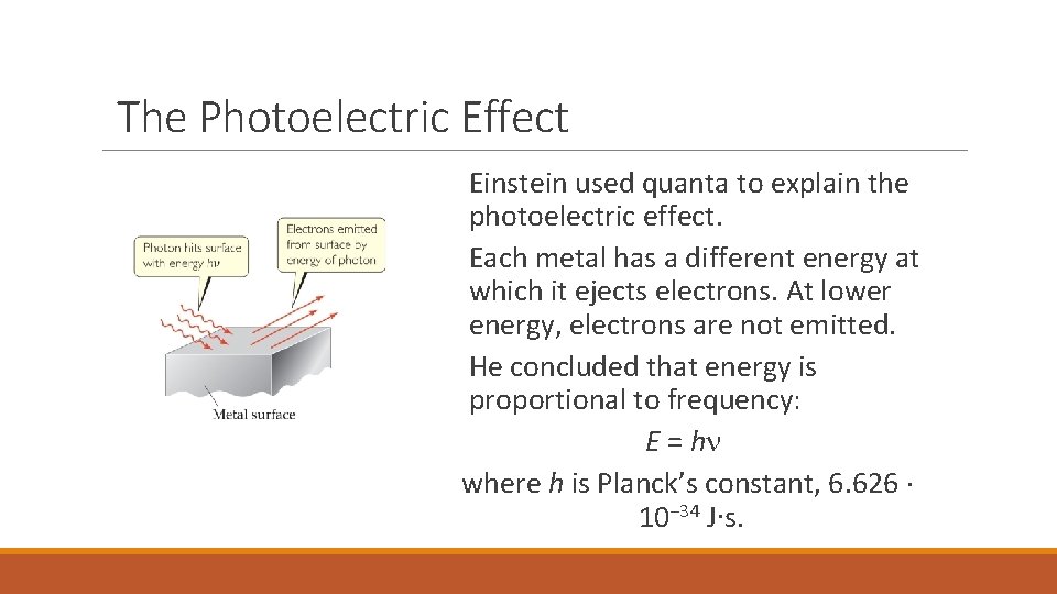 The Photoelectric Effect Einstein used quanta to explain the photoelectric effect. Each metal has