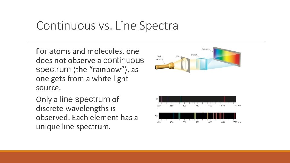 Continuous vs. Line Spectra For atoms and molecules, one does not observe a continuous