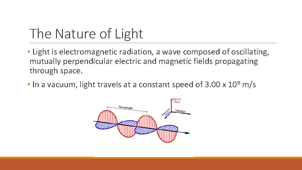 The Nature of Light • Light is electromagnetic radiation, a wave composed of oscillating,