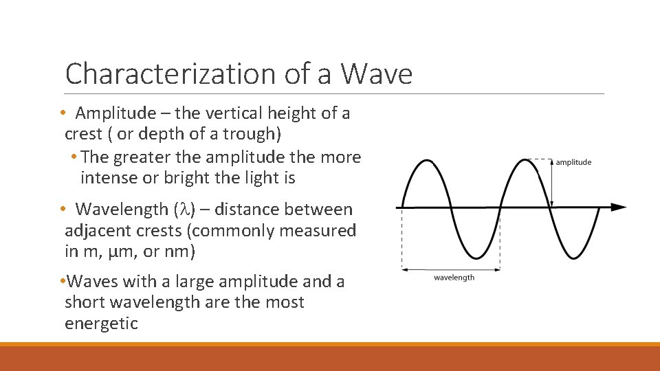 Characterization of a Wave • Amplitude – the vertical height of a crest (