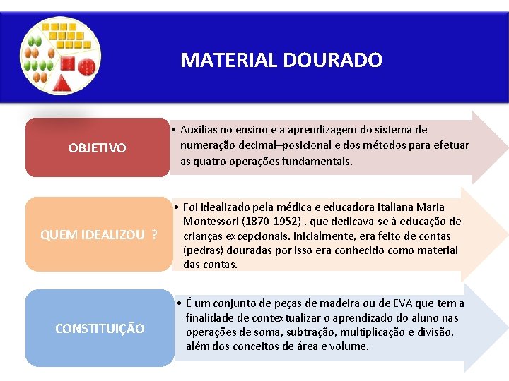 MATERIAL DOURADO OBJETIVO • Auxilias no ensino e a aprendizagem do sistema de numeração