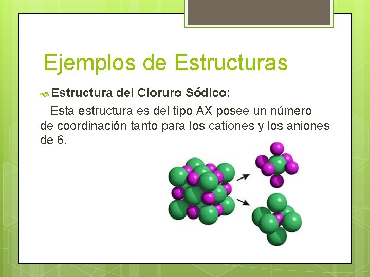 Ejemplos de Estructuras Estructura del Cloruro Sódico: Esta estructura es del tipo AX posee