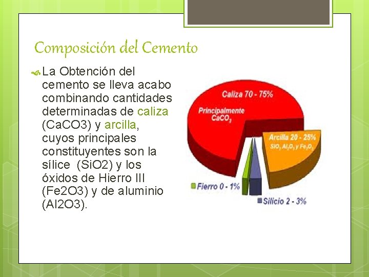 Composición del Cemento La Obtención del cemento se lleva acabo combinando cantidades determinadas de
