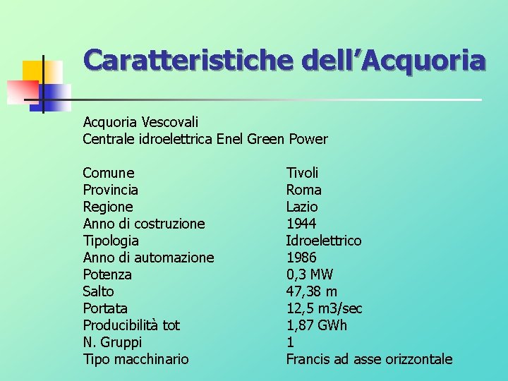 Caratteristiche dell’Acquoria Vescovali Centrale idroelettrica Enel Green Power Comune Provincia Regione Anno di costruzione