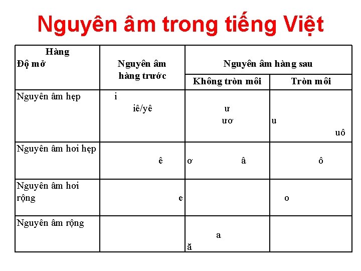 Nguyên âm trong tiếng Việt Hàng Độ mở Nguyên âm hẹp Nguyên âm hàng