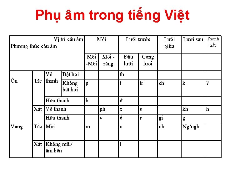 Phụ âm trong tiếng Việt Vị trí cấu âm Phương thức cấu âm Môi